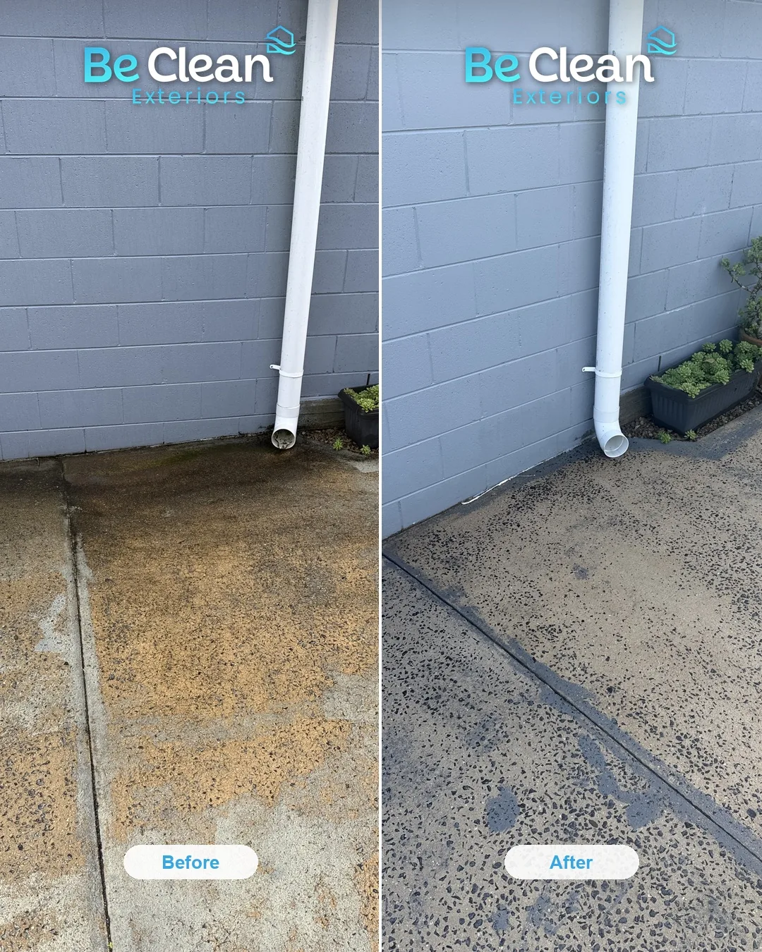 Aggregate staining lifted before and after by Be Clean Exteriors