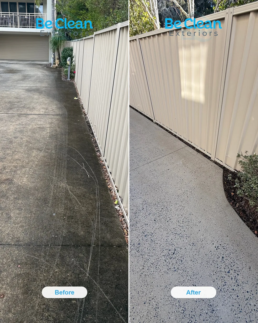 Driveway and fence reset before and after by Be Clean Exteriors