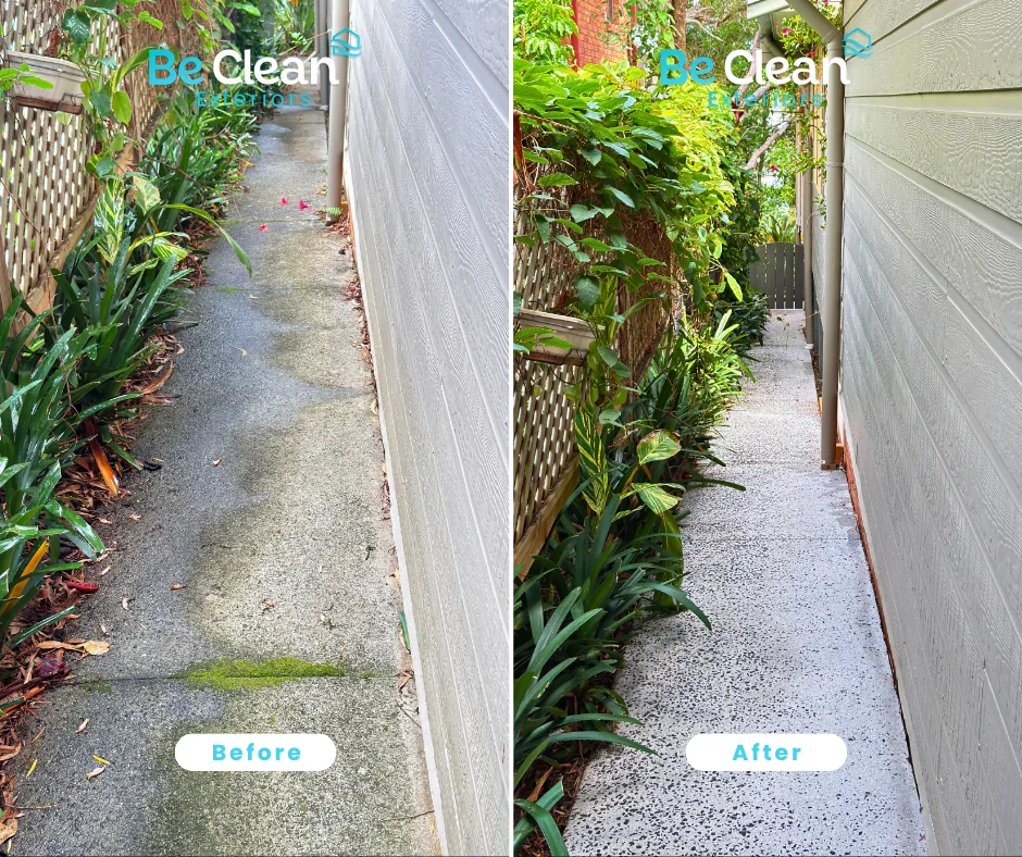 Pressure cleaning before and after on a Yamba footpath