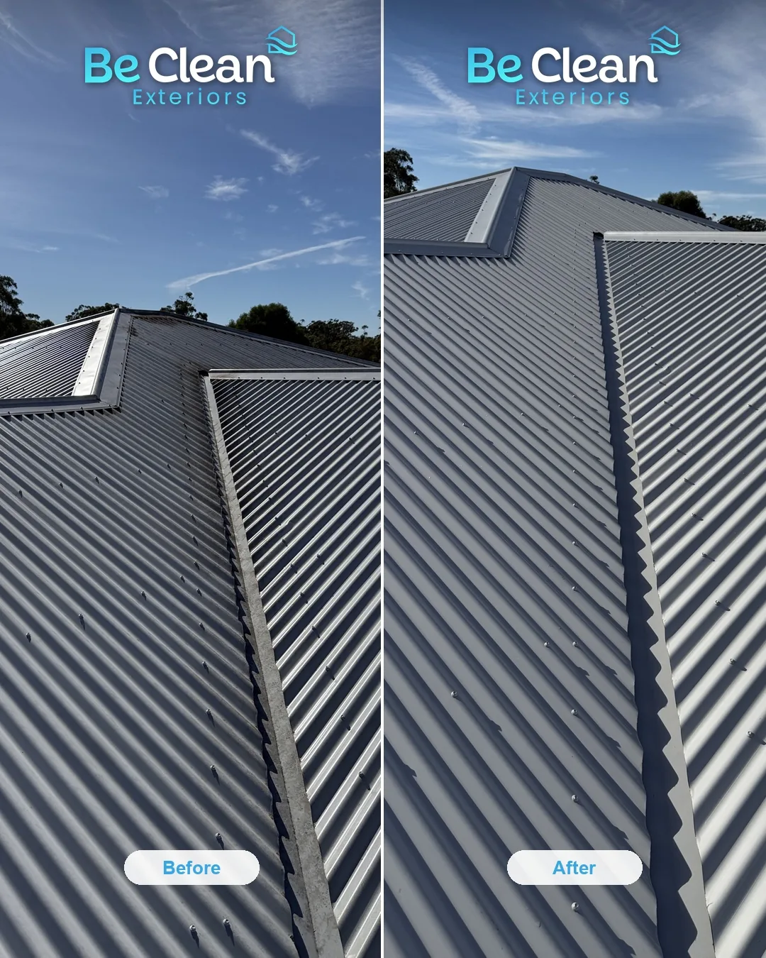 Full roof face treated before and after by Be Clean Exteriors