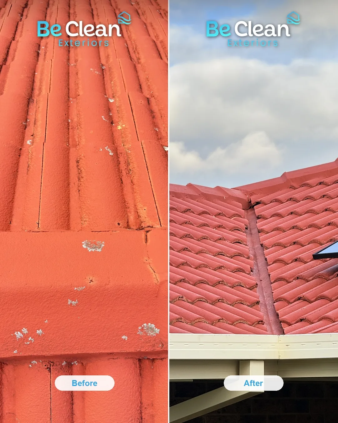 Terracotta lichen removed before and after by Be Clean Exteriors
