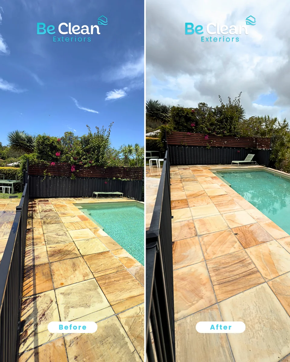 Maclean sandstone softwash poolside comparison by Be Clean Exteriors