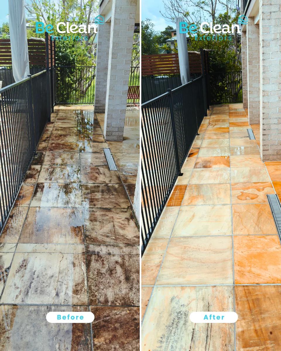 Maclean sandstone softwash path comparison by Be Clean Exteriors