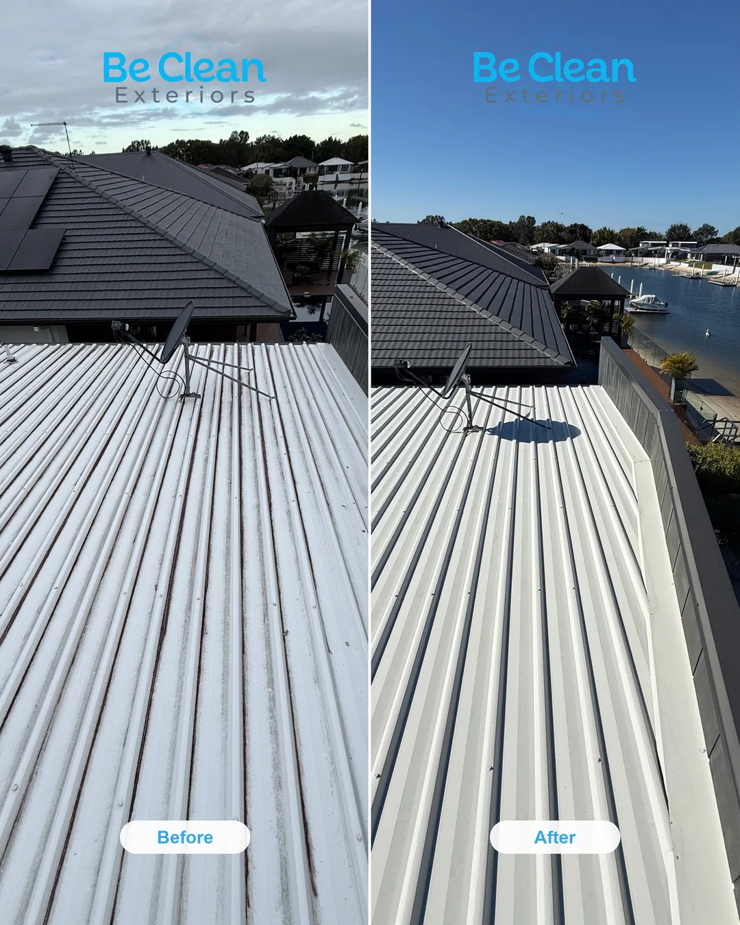 Canal elevation roof wash before and after by Be Clean Exteriors