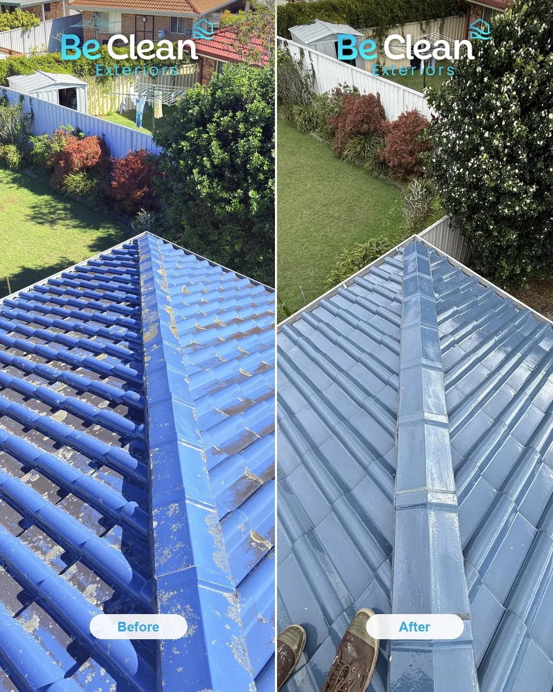 Ridge and whirlybird before and after by Be Clean Exteriors