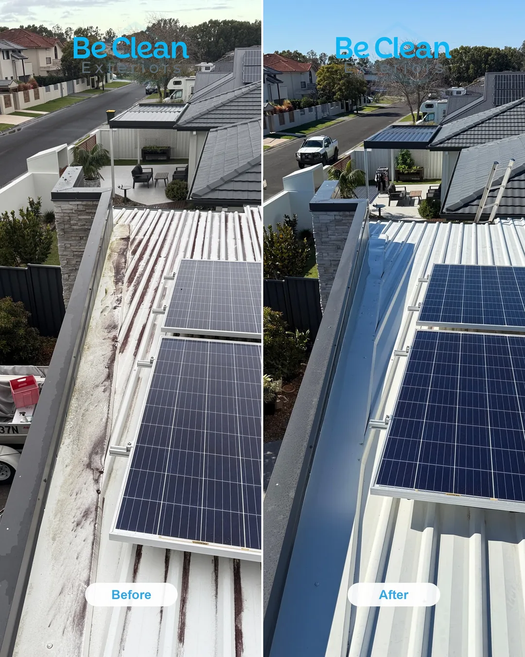 Solar array and roof before and after by Be Clean Exteriors