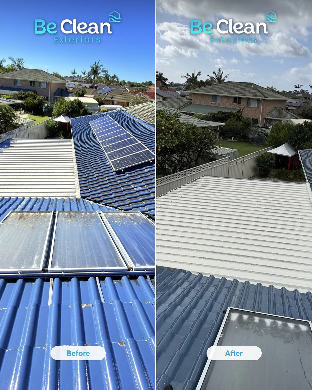 Solar panels cleaned before and after by Be Clean Exteriors